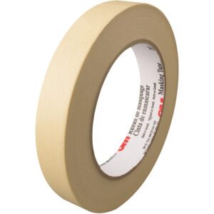 A roll of 3/4 x 60 yds. 3M™ 203 Masking Tape from a case of 48 rolls, featuring a white label.