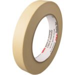 A 12-pack of 3M™ 203 Masking Tape, beige and measuring 3/4 x 60 yds., features the iconic logo on its core, with an angled view showcasing the tapes width and empty center.