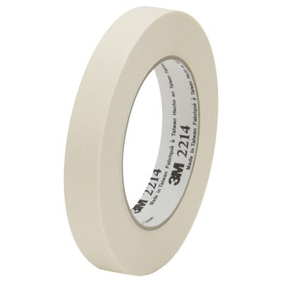 T934221412PK.jpg A beige 3M Paper Masking Tape 2214 roll, sized 3/4 x 60 yds., sits vertically on a white background. The inside label displays product details and the iconic 3M logo.