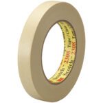 A roll of 3/4 x 60 yds. 3M™ 2308 Masking Tape with a yellow inner label featuring red text stands on its edge, showcasing its thickness and width. Sold in cases of 48 rolls.