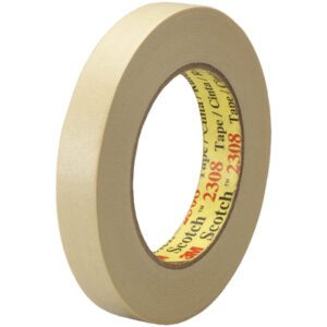 A roll of 3/4 x 60 yds. masking tape from the 3M™ 2308 Masking Tape (12 Pack) displays Scotch 2308 in red and yellow inside, showcasing its circular shape and adhesive side.