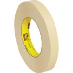 A beige 3/4 x 60 yds. 3M™ 231 Masking Tape with a yellow inner core and branding is displayed vertically against a white background.