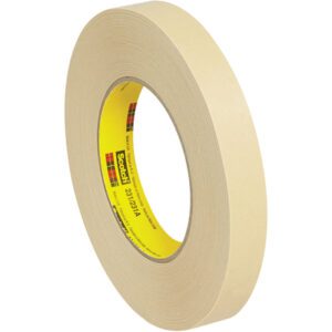 A 3/4 x 60 yds. (12 Pack) of cream-colored 3M™ 231 Masking Tape features a yellow inner core, plaid design, and the Scotch brand, offering a thicker composition than standard office tape for enhanced strength.