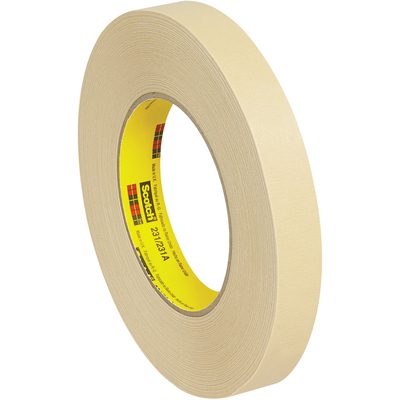 T93423112PK.jpg A 3/4 x 60 yds. (12 Pack) of cream-colored 3M™ 231 Masking Tape features a yellow inner core, plaid design, and the Scotch brand, offering a thicker composition than standard office tape for enhanced strength.