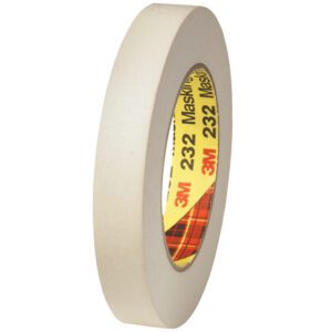 A beige roll of 3/4 x 60 yds. 3M High Performance Masking Tape 232 stands upright, showcasing its texture and thickness. Its label highlights its durability and strength, perfect for varied applications.