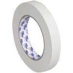 A case of 48 rolls of 3/4 x 60 yds. Tape Logic® 2400 Masking Tape has a white finish, blue and red text on the core, ideal for general sealing or binding surfaces.