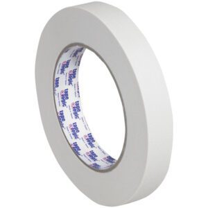 A case of 48 rolls of 3/4 x 60 yds. Tape Logic® 2400 Masking Tape has a white finish, blue and red text on the core, ideal for general sealing or binding surfaces.