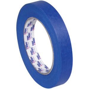 A roll of 3/4 x 60 yds. Tape Logic® 3000 Blue Painters Tape, featuring Blue Bloc on a white core, is displayed at an angle against a white background. Ideal for precision tasks, each case includes 48 rolls for extensive projects.