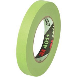 Against a plain white background, a roll of 3/4 x 60 yds. 3M™ 401+/233+ Masking Tape is on its side, showcasing its vibrant green color.