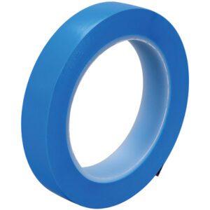 A roll of 3/4 x 36 yds. 3M™ 4737S Masking Tape, in vibrant blue, stands upright with a clear view of its circular shape and inner cardboard core against a white backdrop, highlighting its sleek design. Available in quantities of 48 per case.