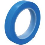 A single roll from the 3/4 x 36 yds. (3 Pack) 3M™ 4737S Masking Tape, showcasing its blue, glossy surface and white core, stands upright against a plain white background.