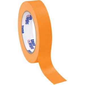 A 1 x 60 yds. Orange Tape Logic® Masking Tape from the 12 Pack is shown upright with a portion unfurled. The inner lining displays Tape Logic in blue on white, suitable for versatile applications.