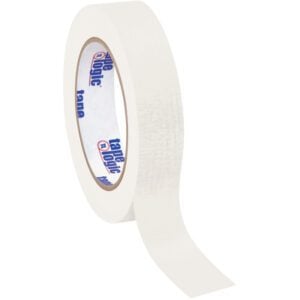 A roll of 1 x 60 yds. White Tape Logic® Masking Tape, slightly peeled off, rests on a pristine background. The inner roll shows subtle text, reflecting the quality of this handy 12 Pack.