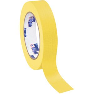 A 1 x 60 yds. roll of yellow Tape Logic® Masking Tape is partly unrolled, showing the inner ring with the brand logo in blue and red on white. This efficient 12 Pack is perfect for any masking job.