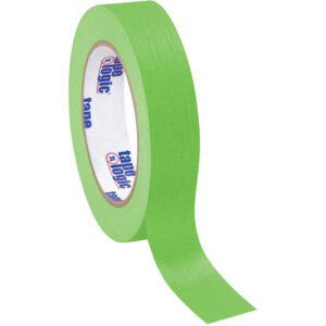 A roll of 1 x 60 yds. Light Green Tape Logic® Masking Tape features a loose end unraveling, and a textured surface, with an inner core marked in blue and red text. Available in cases of 36 for versatile applications.