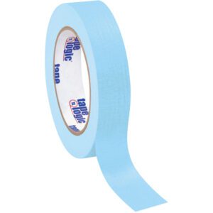The 1 x 60 yds. Light Blue Tape Logic® Masking Tape (36/Case), unfurled slightly, displays its branding on the inner side, ideal for achieving clean lines and professional results in painting projects.