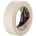 A roll from the 1 x 60 yds. (12 Pack) of 3M General Use Masking Tape 201+ stands upright. The inner ring shows the 3M logo in red and black with 201+ visible. Its texture is smooth and slightly matte.