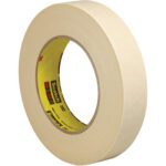 A beige masking tape roll, 1 x 60 yds., features a yellow inner label branded Scotch. Its part of the neatly wound and matte-surfaced 3M™ 202 Masking Tape (6 Pack).