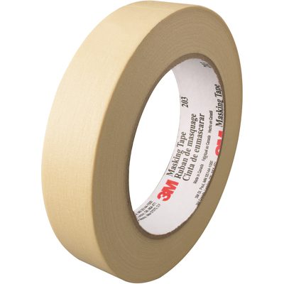T935203.jpg A beige roll of 1 x 60 yds. 3M™ 203 masking tape with a white inner core and red/black text on the label, highlighting the brand name, is displayed vertically to emphasize its width and thickness. Sold in cases of 36 rolls.