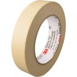 A roll from the 1 x 60 yds. (12 Pack) 3M™ 203 Masking Tape stands upright displaying text and logos inside. Unrolled, its smooth beige texture is ideal for versatile use.