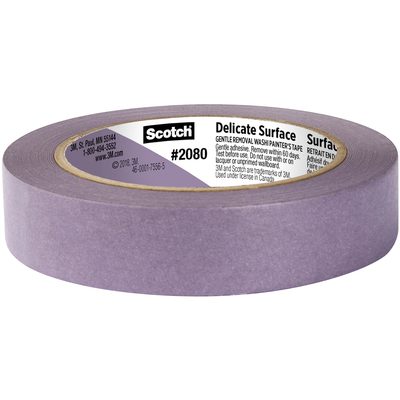 T9352080.jpg A roll of 1 x 60 yds. Scotch Delicate Surface Painters Tape 2080 is gentle on sensitive areas. The package, set against a white background, highlights its safe use on delicate surfaces. Available in convenient cases of 24.