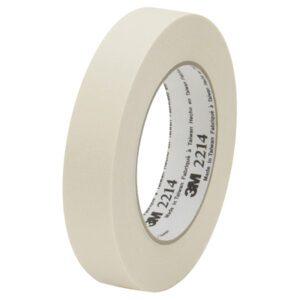 The 1 x 60 yds. 3M Paper Masking Tape 2214 (36/Case) stands upright, displaying its cylindrical form and the 3M 2214 imprint on the core against a white background.