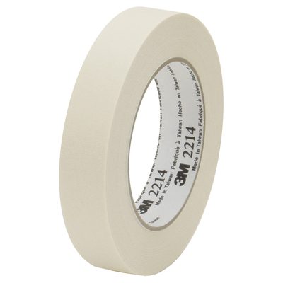 T935221412PK.jpg A roll from the 12 pack of 3M Paper Masking Tape 2214, beige and measuring 1 x 60 yds., stands upright against a white background, with the inner cardboard prominently showing the brand and product number.