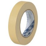 A roll of 1 x 60 yds. (12 Pack) 3M Masking Tape 2307 is displayed upright against a plain white background, featuring its beige color with a core of blue and white patterned branding, emphasizing its sturdy packaging.
