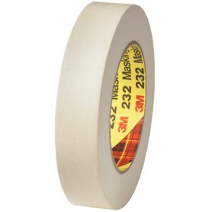 The 1 x 60 yds. roll from the 12 Pack of 3M High Performance Masking Tape 232, featuring a beige look with a plaid-patterned label inside, stands upright against a simple white background.