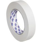 This 12-pack of 1 x 60 yds. Tape Logic® 2400 Masking Tape features a glossy finish and smooth edges, with an inner side displaying printed labels in vibrant blue and red text and logos.