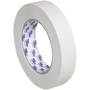 This 12-pack of 1 x 60 yds. Tape Logic® 2400 Masking Tape features a glossy finish and smooth edges, with an inner side displaying printed labels in vibrant blue and red text and logos.