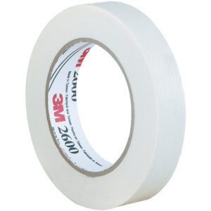 A partially unrolled 1 x 60 yds. 3M™ 2600 Masking Tape, with a white exterior and visible inner label, gracefully reveals its smooth surface, showcasing its thickness and width along with branding and product information. (36 Rolls/Case).