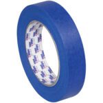 Set on a white background, the 1 x 60 yds. (12 Pack) Tape Logic® - Lbs3000 Blue Painters Tape features smooth, thick material and white inner labels with red and blue text to highlight its quality.