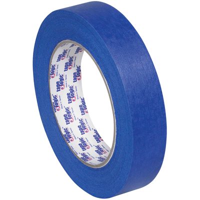 T935300012PK.jpg Set on a white background, the 1 x 60 yds. (12 Pack) Tape Logic® - Lbs3000 Blue Painters Tape features smooth, thick material and white inner labels with red and blue text to highlight its quality.