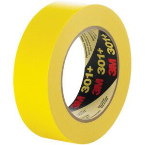 The 1 x 60 yds. 3M Performance Yellow Masking Tape 301+ is packaged with classic red and black branding on the core, and conveniently comes in cases containing 36 rolls each.