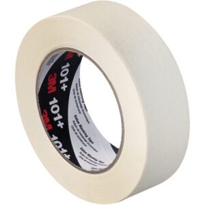 A 1 1/2 x 60 yds. roll of 3M Value Masking Tape 101+ features a beige exterior and black/red inner label, shown angled to display the side and part of the inner cardboard ring. Sold in sets of 24 rolls per case.