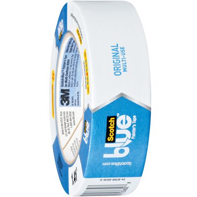 T9362090.jpg A 1 1/2 x 60 yds. roll of ScotchBlue™ Original Painters Tape 2090, showcasing its usage for painting projects, comes in iconic blue and white packaging with the 3M logo. It is available in a case of 24 rolls.
