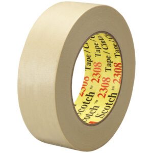 A roll of 3M™ 2308 Masking Tape is sized at 1 1/2 x 60 yds., featuring a beige hue and a yellow inner label. The Scotch brand and 2308 are in red. It stands upright, highlighting its width and thickness, and is available in cases containing 24 rolls.