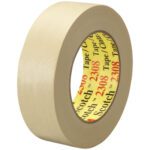 A 3M™ 2308 Masking Tape roll, measuring 1 1/2 x 60 yds., features a beige hue with a yellow inner label and bold red 2308. This practical tape comes in a (12 Pack) and stands upright on a white surface.