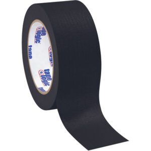 A roll of 2 x 60 yds. Tape Logic® black masking tape features a matte finish and revealing its branding on the inner core. It stands upright on a neutral background, part of a handy 12-pack for versatile project use.