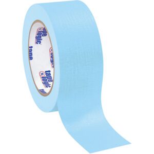 A 2 x 60 yds. Light Blue Tape Logic® Masking Tape roll, partially unraveled with the inner core showing blue and red text, is available in a convenient 12-pack.