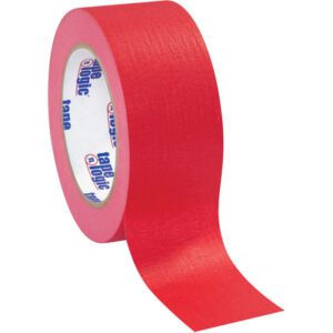 A roll of the 2 x 60 yds. Red (12 Pack) Tape Logic® Masking Tape reveals a textured, durable surface with an inner core displaying the Tape Logic branding, highlighting its quality in every use.