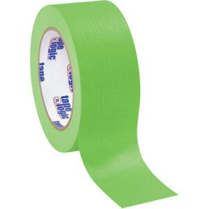 A 2 x 60 yds. roll of Light Green Tape Logic® Masking Tape with a partially unrolled strip features a matte finish and a white inner core with blue and red text.