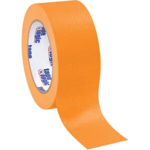 A slightly unwound roll of 2 x 60 yds. Orange Tape Logic® Masking Tape (24/Case) reveals branding on the core, showcasing its textured surface and vibrant color, ideal for various tasks.