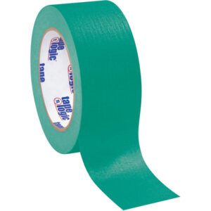 A partially unspooled 2 x 60 yds. roll of Tape Logic® dark green masking tape highlights its smooth texture. The inner core showcases blue and orange Tape Logic® text. Ideal for sealing and packaging, its available in cases of 24 for efficiency.