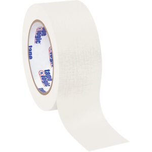 A partially unrolled 2 x 60 yds. White Tape Logic® Masking Tape (24/Case) reveals its textured surface, featuring a branded inner core with blue and red text for a colorful, practical design.