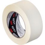A partially unspooled roll of 2 x 60 yds. 3M Value Masking Tape 101+ reveals its texture and width against a white background, showcasing the iconic 3M logo on the inner cardboard in this case of 24 high-quality rolls.