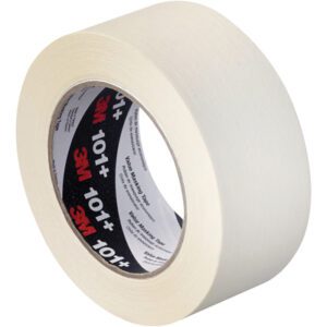 A partially unspooled roll of 2 x 60 yds. 3M Value Masking Tape 101+ reveals its texture and width against a white background, showcasing the iconic 3M logo on the inner cardboard in this case of 24 high-quality rolls.