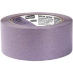 A roll of 2 x 60 yds. Scotch Delicate Surface Painters Tape 2080, ideal for gentle removal, comes with product details and a barcode; each case includes 12 rolls.