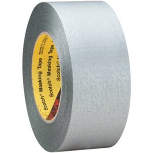 A roll of 2 x 60 yds. 3M™ 225 Masking Tape features a gray finish, strong adhesive, and a yellow-red label, available in packs of 24 rolls per case.